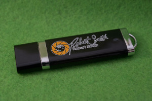 Front side of custom USB drive from www.usbmemorydirect.com.